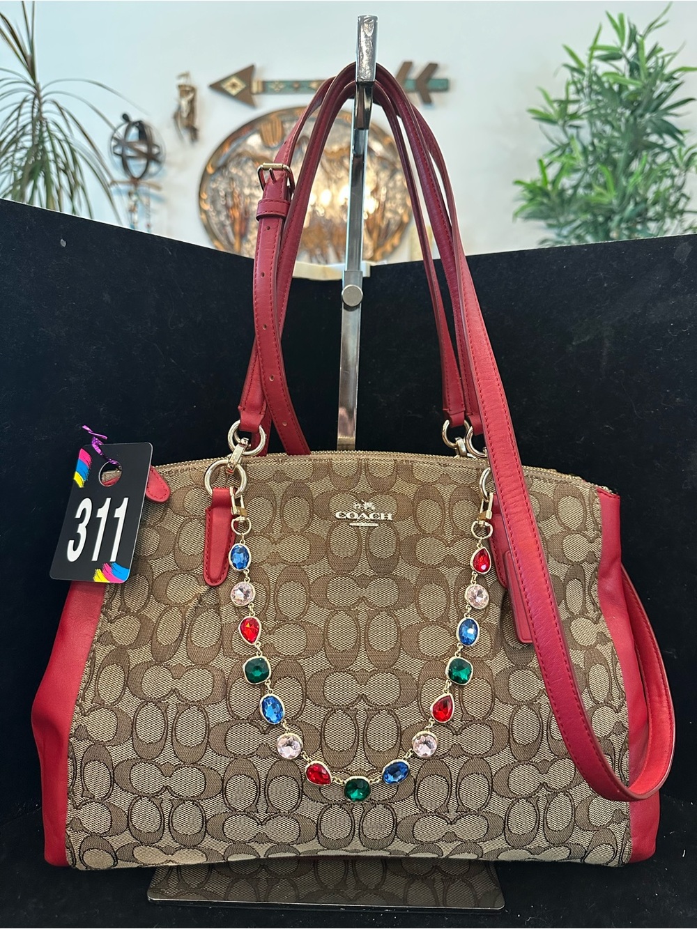 Coach # 311 Christie  Carryall Brown Signature Canvas Tote with Red Leather Trim